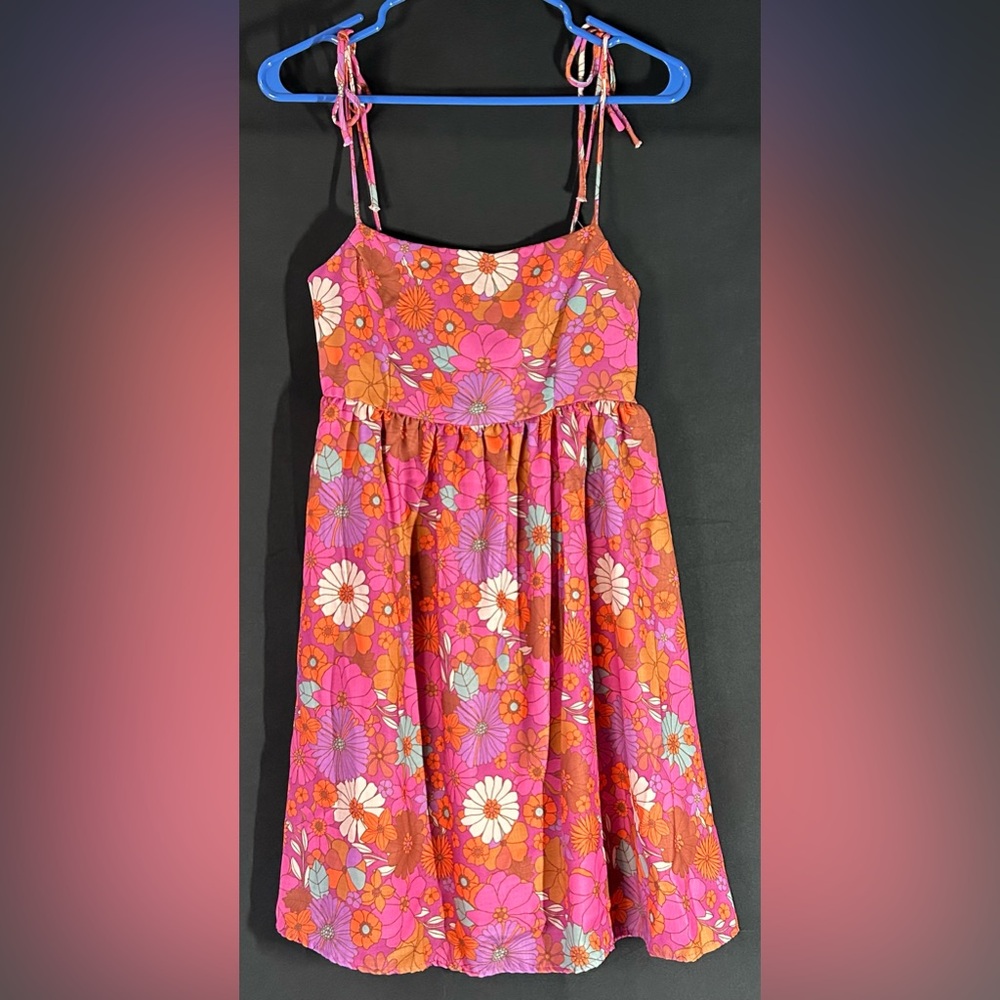 Roach Love Floral Babydoll Dress Pink Orange Retro Tie Strap Smocked